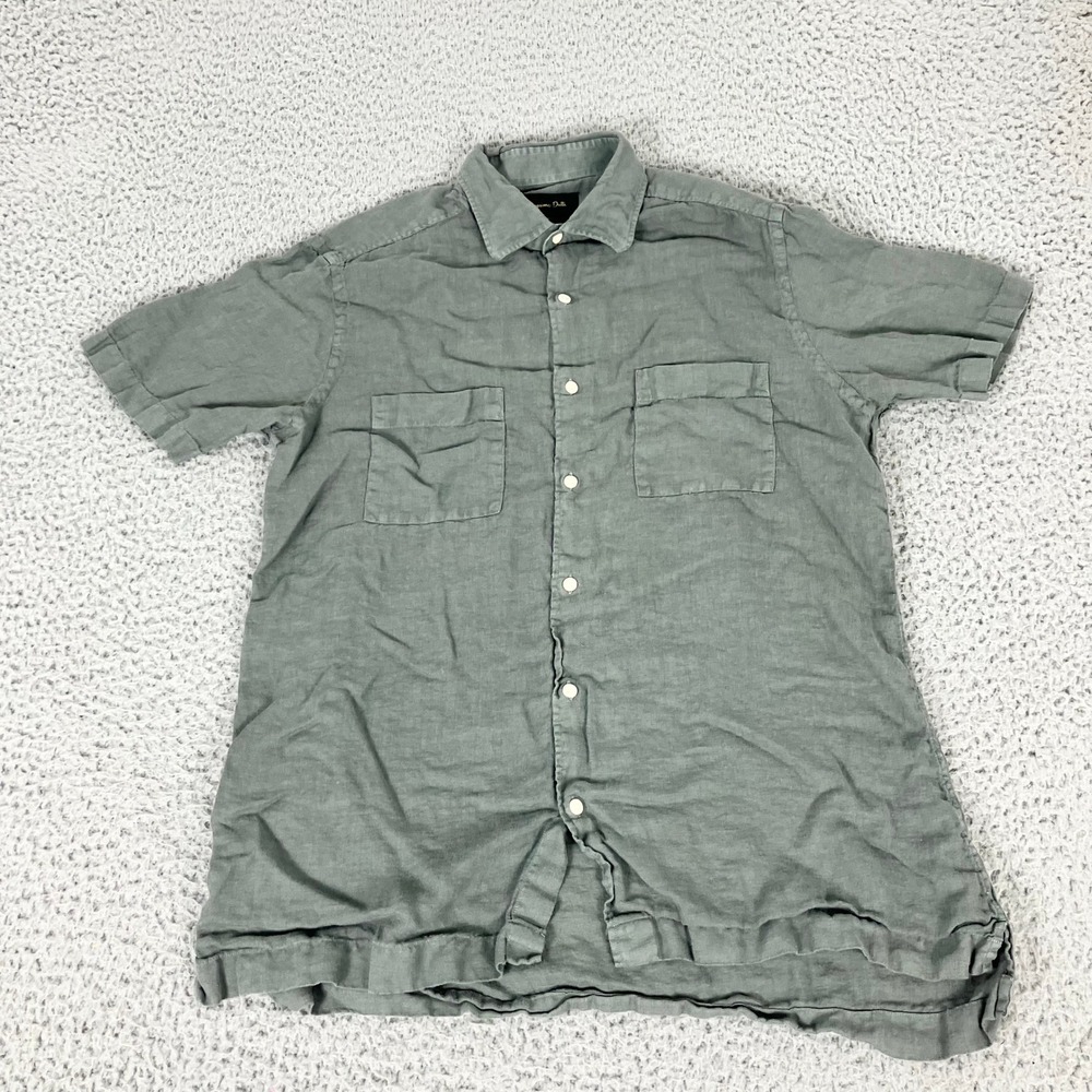 Massimo Dutti Shirt Mens M Green 100% Linen Short Sleeve Button Down Pocket Top